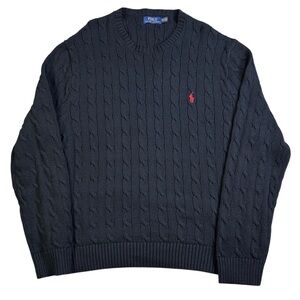 Polo Ralph Lauren Cable Knit Sweater Mens XXL Navy Blue Cotton Crewneck Red Logo